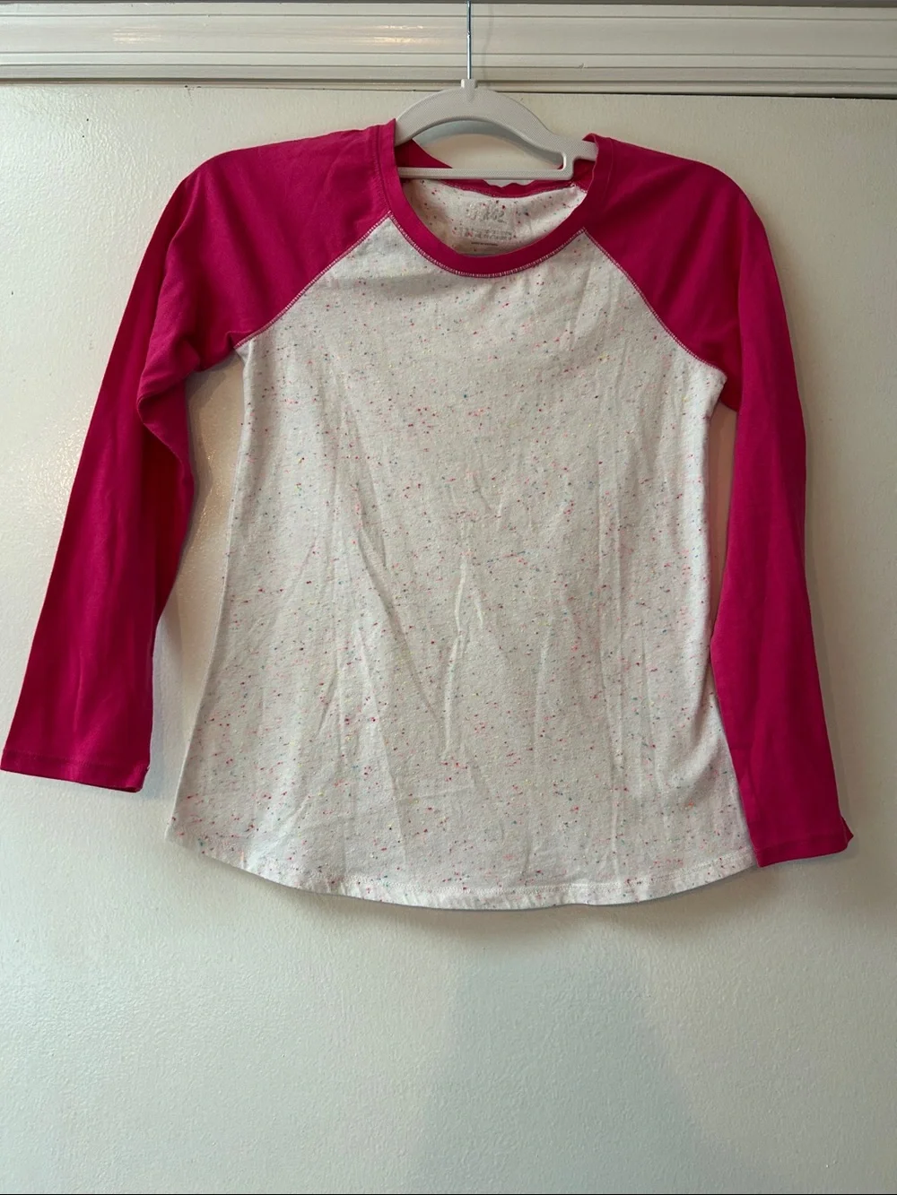 Justice White Tee with Hot Pink Raglan and Confetti Speckles